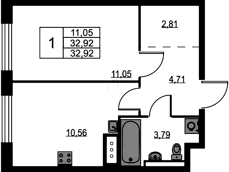 1-комнатная квартира 32.92 м², 8/11 эт., ЖК «Квартал Лаголово»